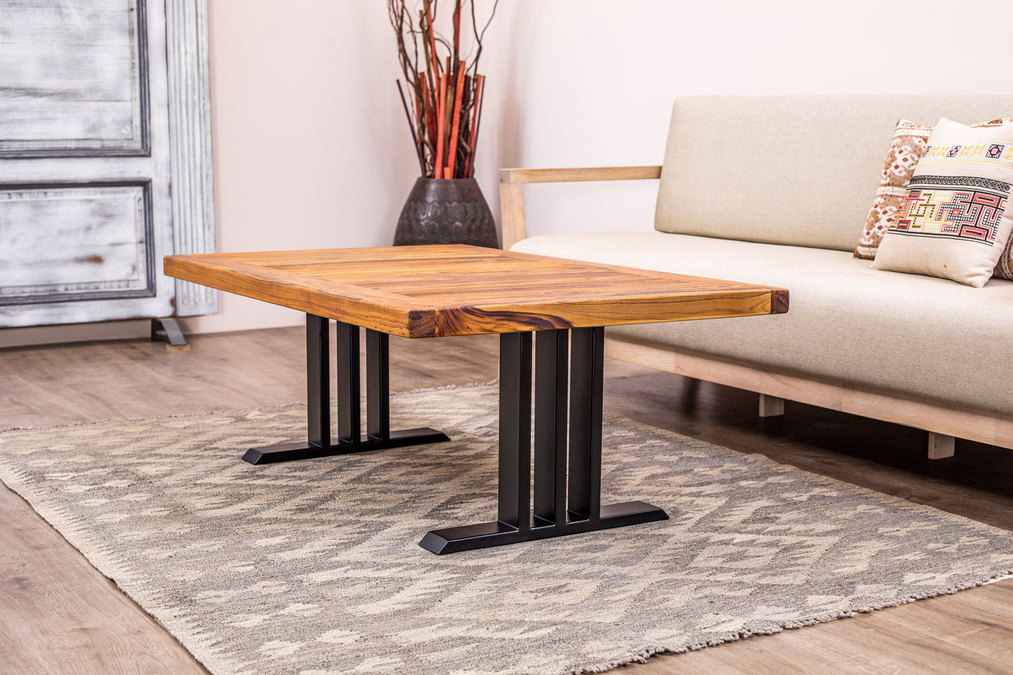 48x30" Teak Mission Edge Coffee Table, Brushed-Texture Natural Finish