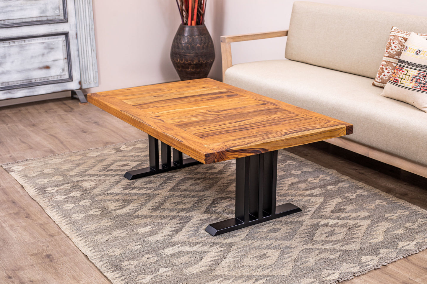 48x30" Teak Mission Edge Coffee Table, Brushed-Texture Natural Finish
