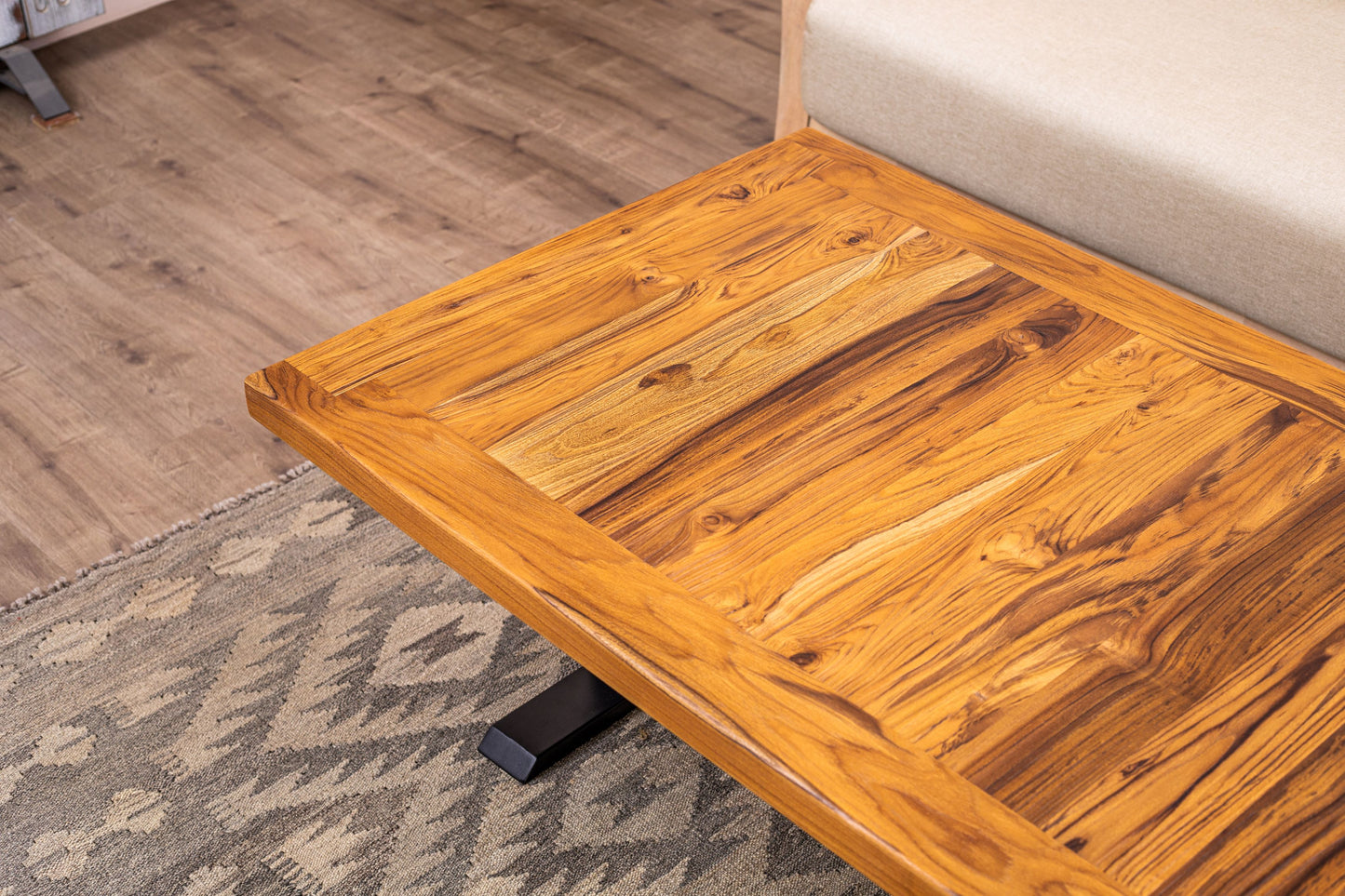 48x30" Teak Mission Edge Coffee Table, Brushed-Texture Natural Finish