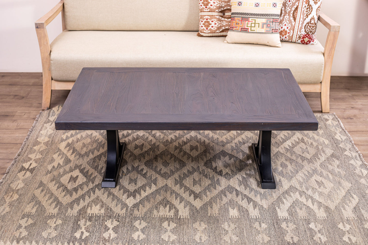 48x30" Teak Mission Edge Coffee Table, Brushed-Texture Anthracite Grey Finish