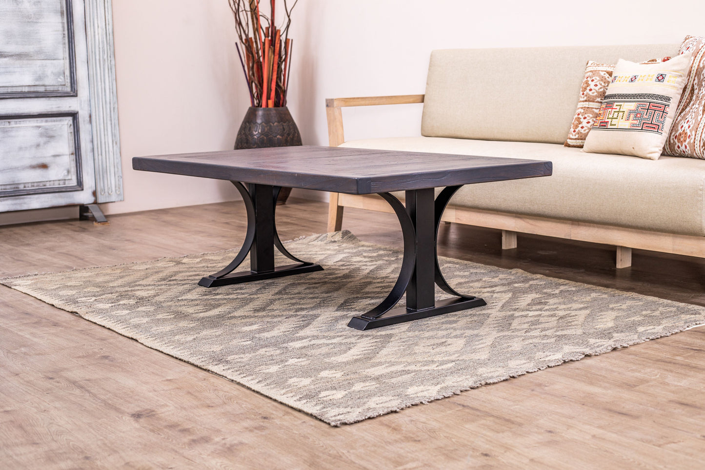 48x30" Teak Mission Edge Coffee Table, Brushed-Texture Anthracite Grey Finish