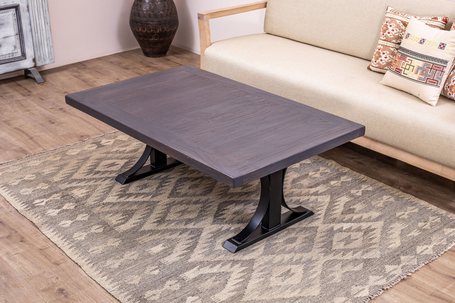 48x30" Teak Mission Edge Coffee Table, Brushed-Texture Anthracite Grey Finish