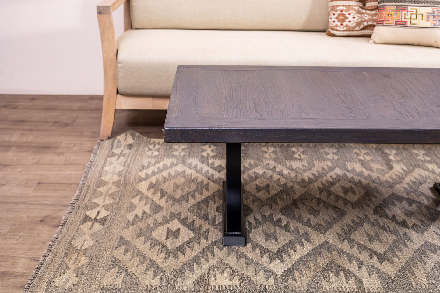 48x30" Teak Mission Edge Coffee Table, Brushed-Texture Anthracite Grey Finish