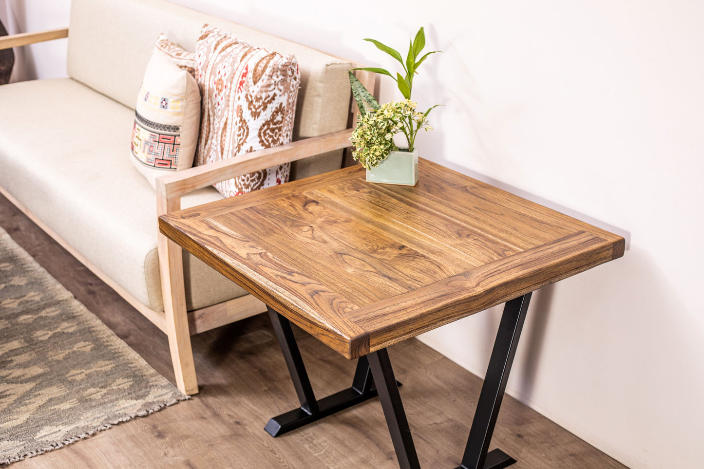 30x30" Teak Mission Edge Side Table, Brushed-Texture Autumn Finish