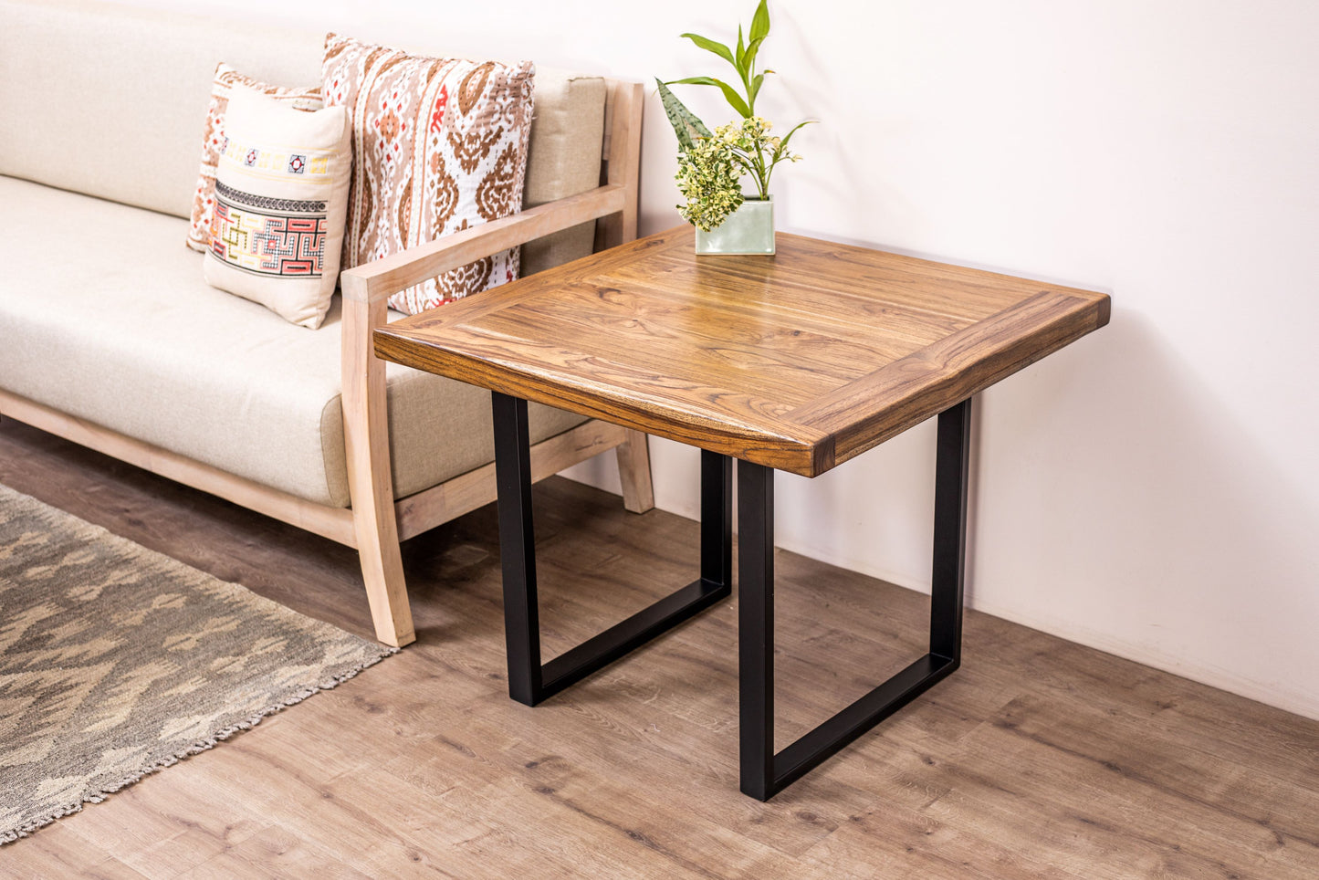 30x30" Teak Mission Edge Side Table, Brushed-Texture Autumn Finish