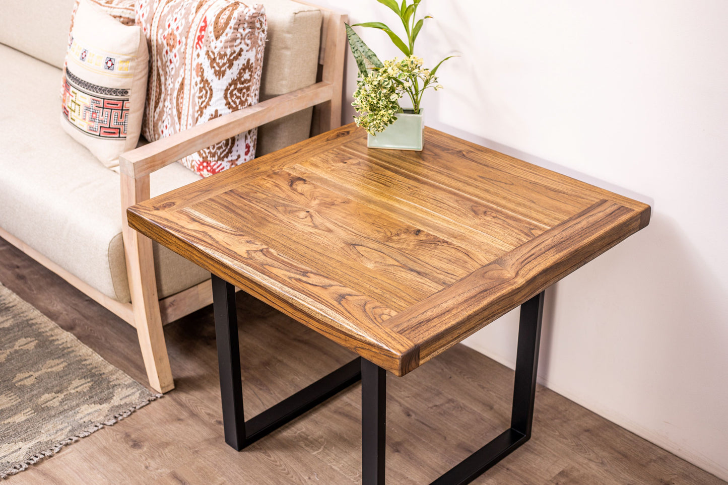 30x30" Teak Mission Edge Side Table, Brushed-Texture Autumn Finish