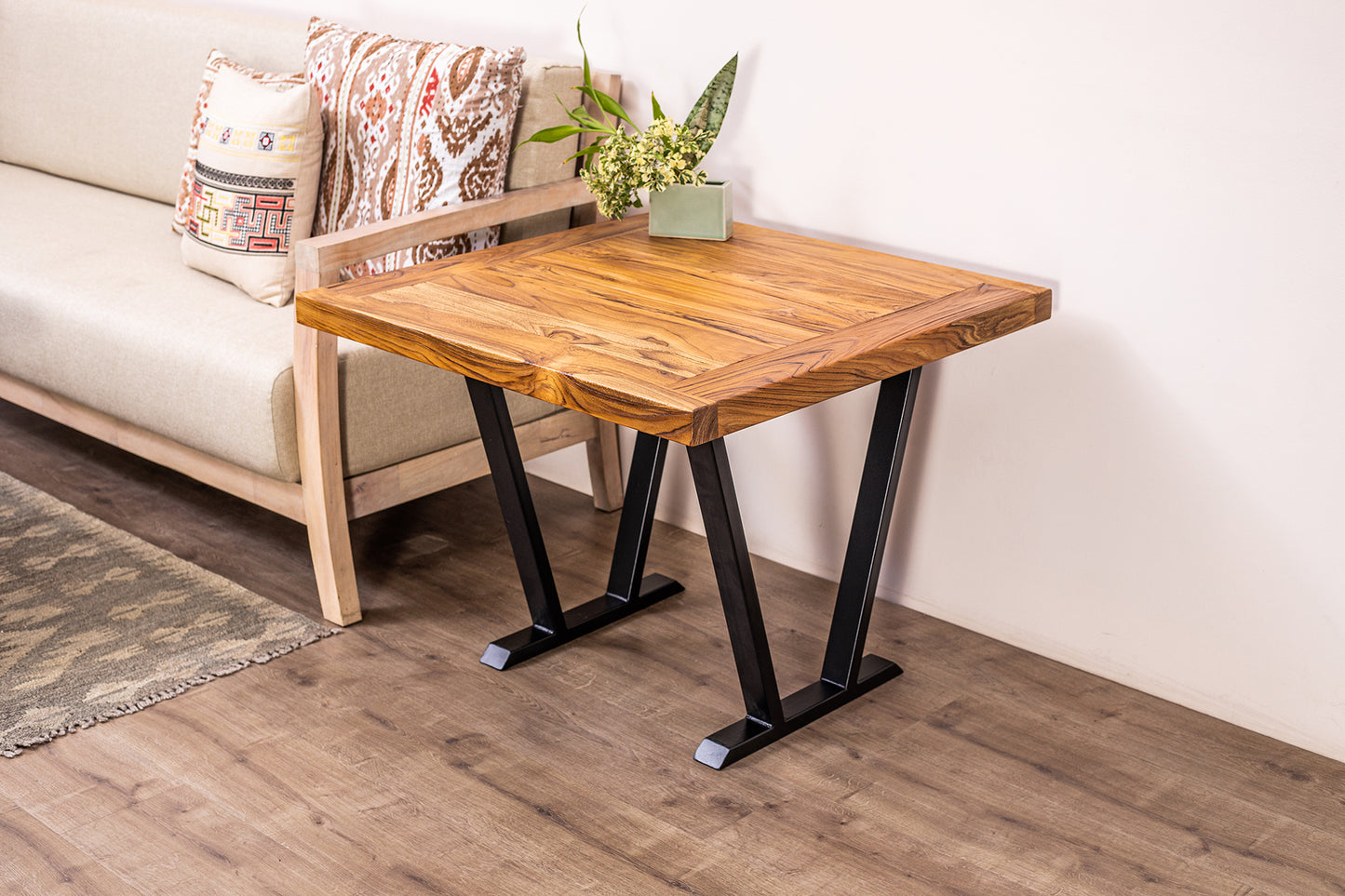30x30" Teak Mission Edge Side Table, Brushed-Texture Natural Finish