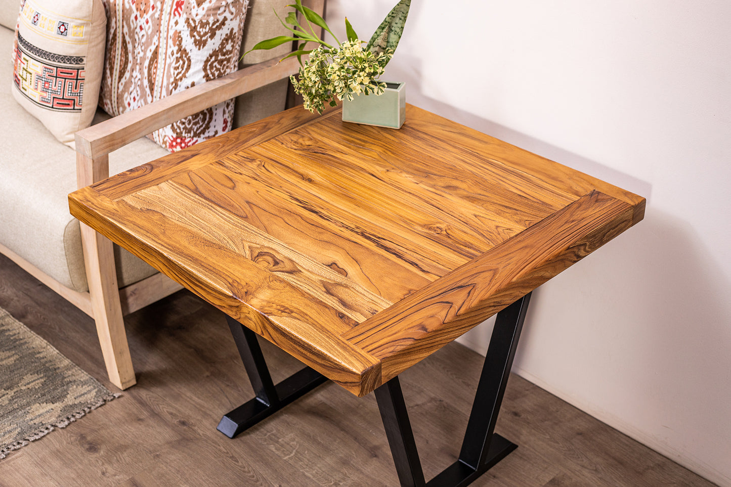 30x30" Teak Mission Edge Side Table, Brushed-Texture Natural Finish