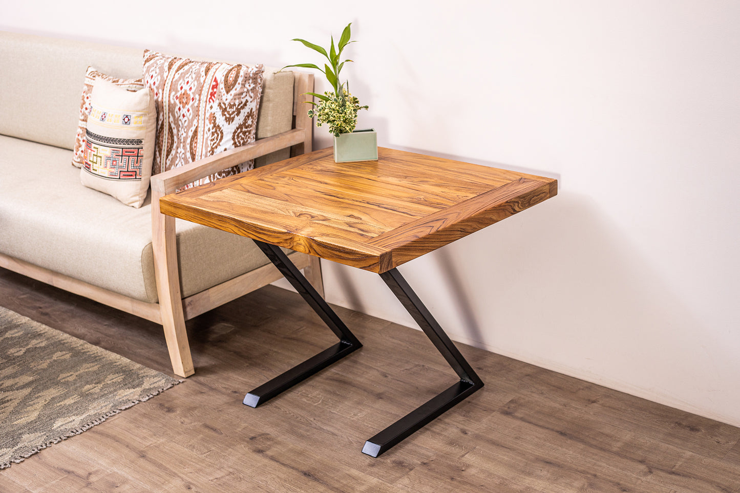 30x30" Teak Mission Edge Side Table, Brushed-Texture Natural Finish