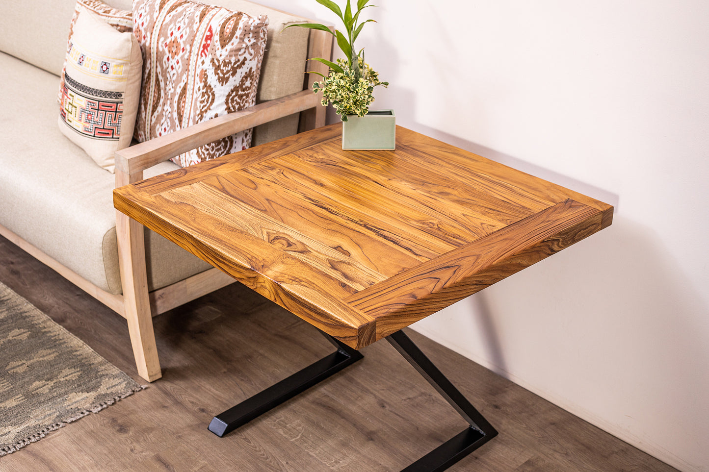 30x30" Teak Mission Edge Side Table, Brushed-Texture Natural Finish