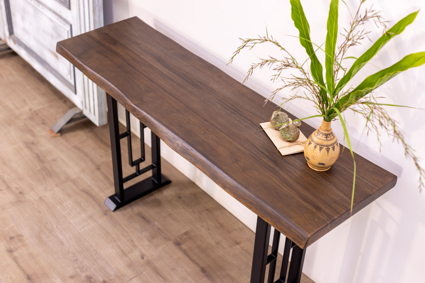 52x12" Teak Live Edge Console Table, Smooth-Texture Cocoa Finish