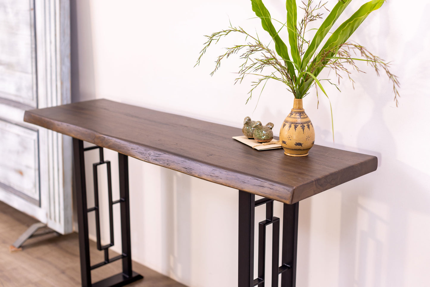 52x12" Teak Live Edge Console Table, Smooth-Texture Cocoa Finish