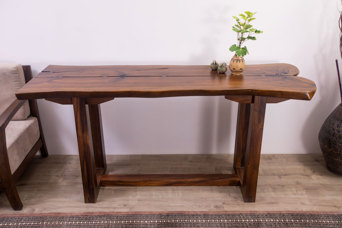 Acacia 70x25" Nakashima Inspired Live Edge Console, Smooth-Texture Milk Choc Finish