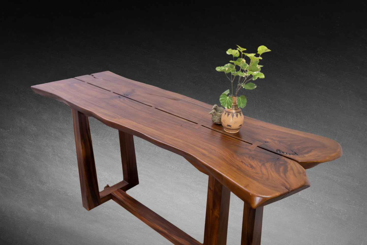 Acacia 70x25" Nakashima Inspired Live Edge Console, Smooth-Texture Milk Choc Finish