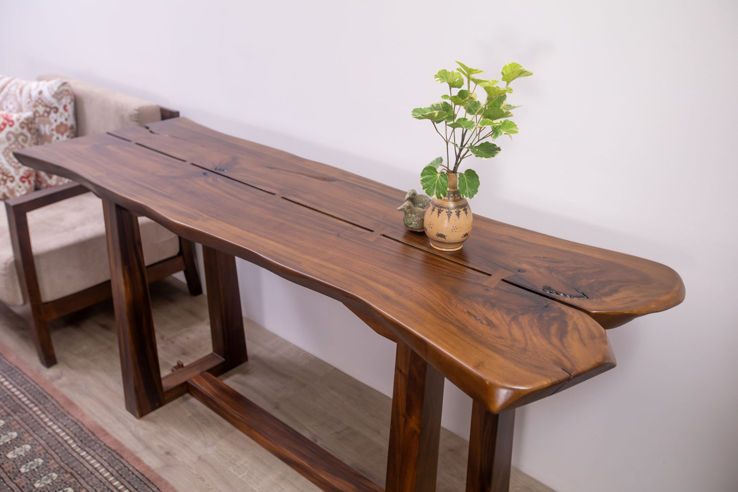 Acacia 70x25" Nakashima Inspired Live Edge Console, Smooth-Texture Milk Choc Finish