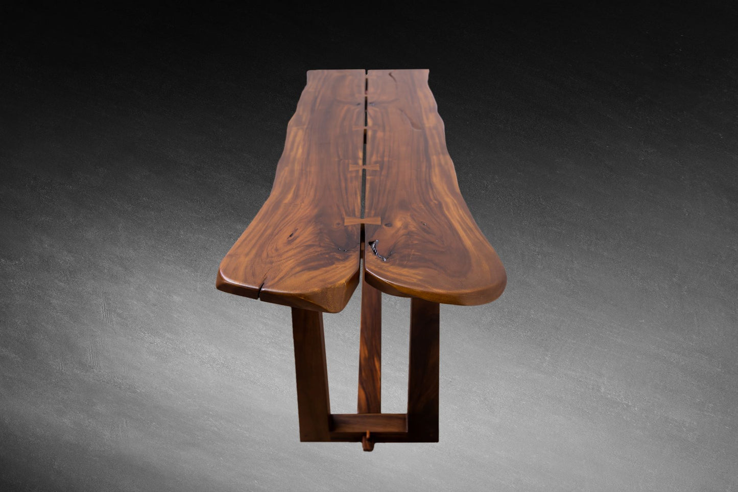 Acacia 70x25" Nakashima Inspired Live Edge Console, Smooth-Texture Milk Choc Finish