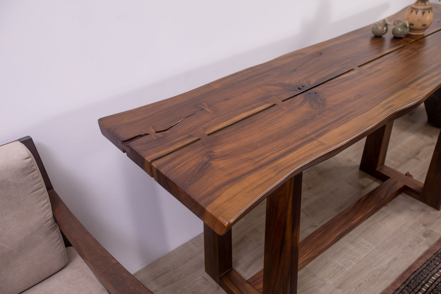 Acacia 70x25" Nakashima Inspired Live Edge Console, Smooth-Texture Milk Choc Finish