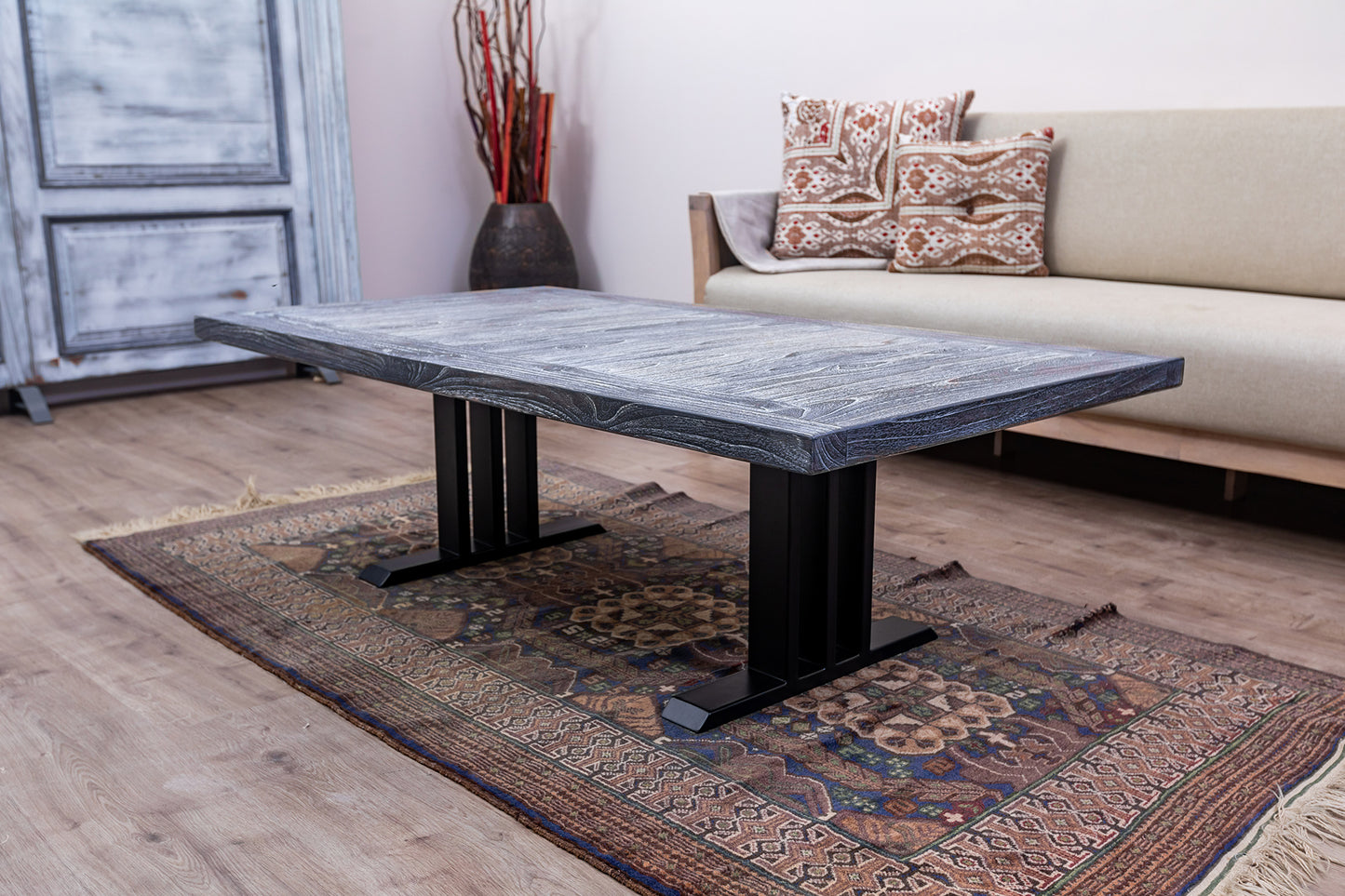 55x30" Teak Mission Edge Coffee Table, Brushed-Texture Weathered Finish