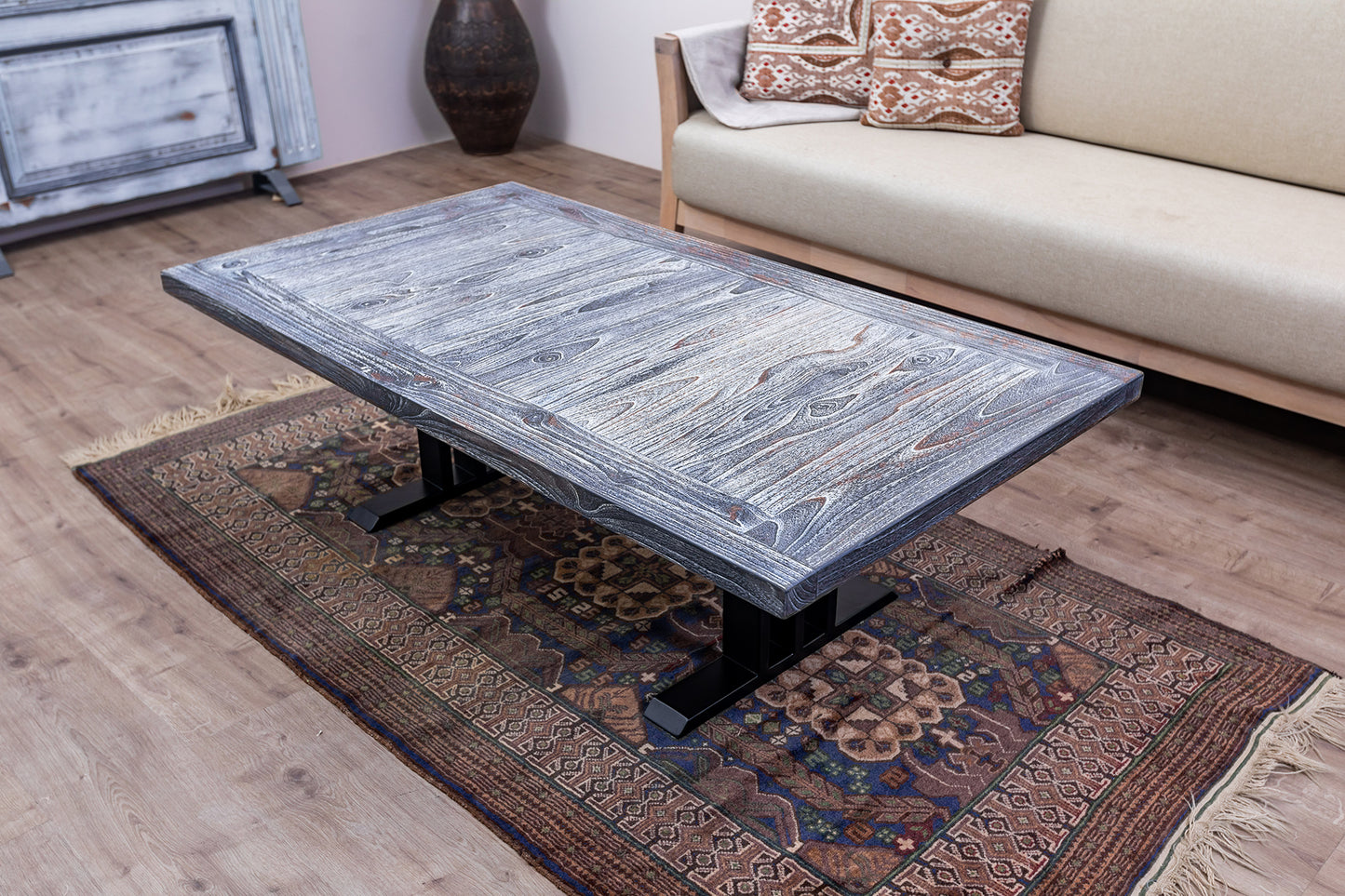 55x30" Teak Mission Edge Coffee Table, Brushed-Texture Weathered Finish