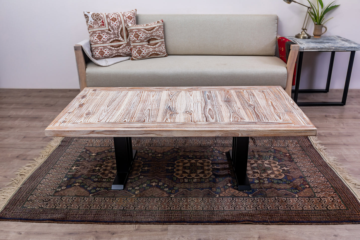 55x30" Teak Mission Edge Coffee Table, Brushed-Texture Sun Bleached Finish