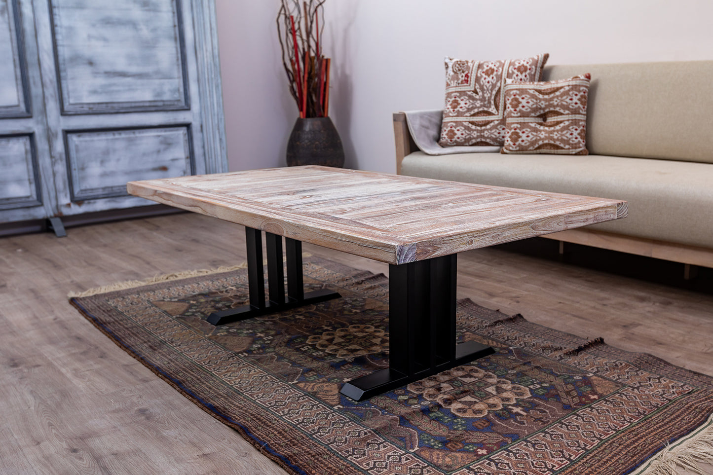 55x30" Teak Mission Edge Coffee Table, Brushed-Texture Sun Bleached Finish