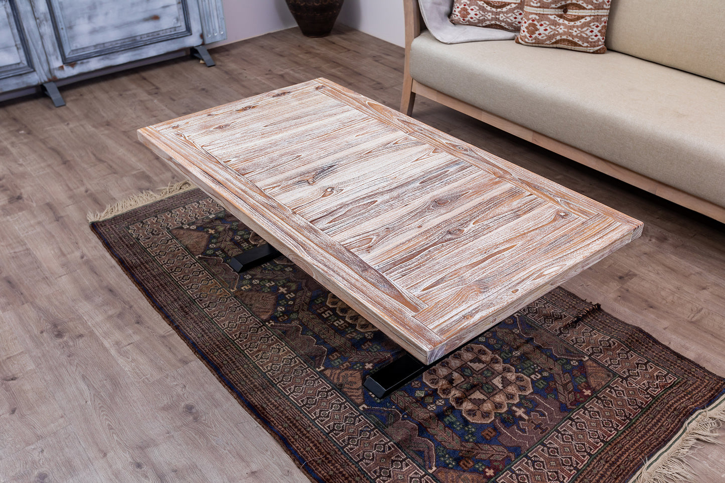 55x30" Teak Mission Edge Coffee Table, Brushed-Texture Sun Bleached Finish