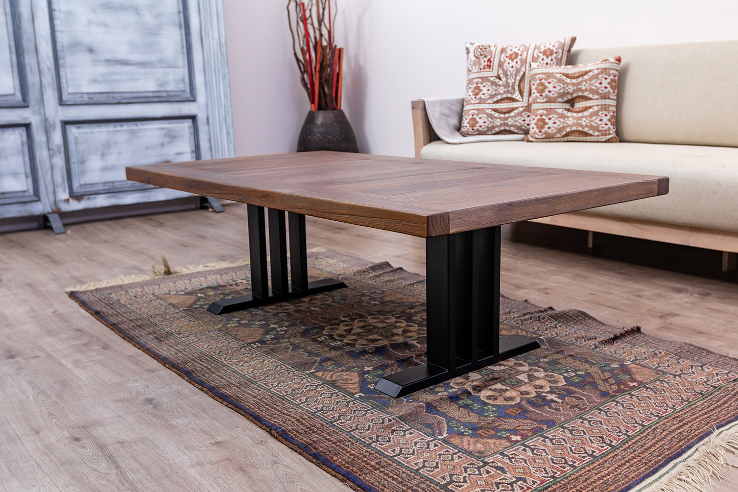 48x30" Teak Mission Edge Coffee Table, Brushed-Texture Cocoa Finish