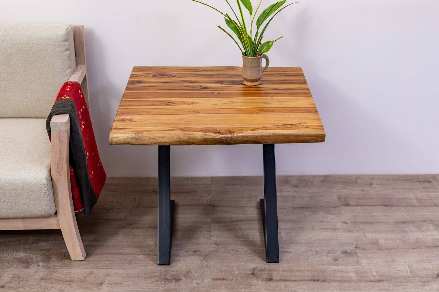 30x30" Teak Live Edge Side Table, Brushed-Texture Natural Finish