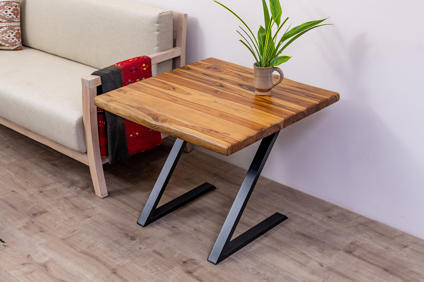 30x30" Teak Live Edge Side Table, Brushed-Texture Natural Finish