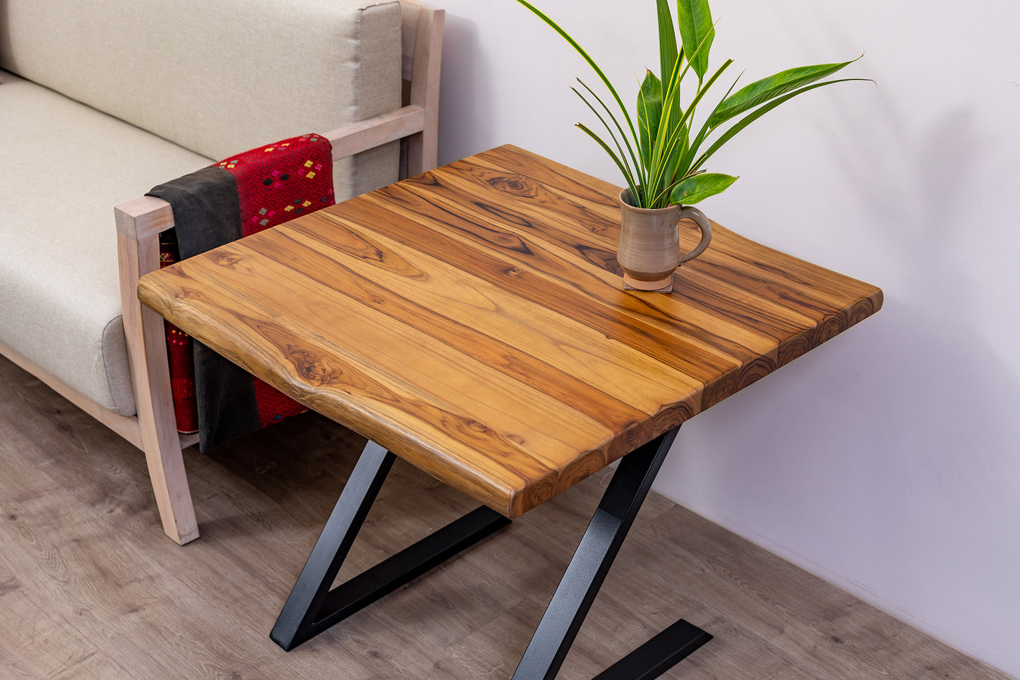 30x30" Teak Live Edge Side Table, Brushed-Texture Natural Finish