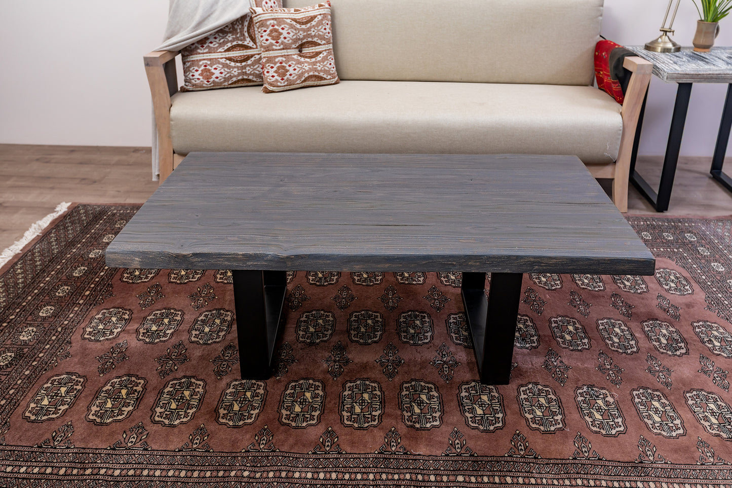 48x30" Teak Live Edge Coffee Table, Brushed-Texture Anthracite Grey Finish