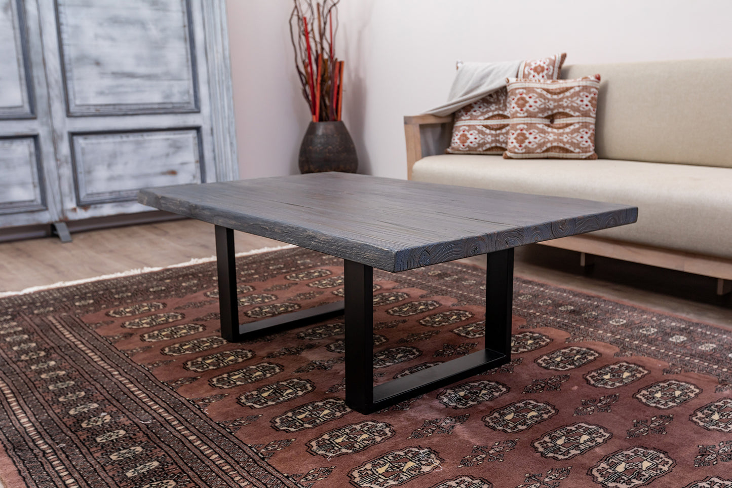 48x30" Teak Live Edge Coffee Table, Brushed-Texture Anthracite Grey Finish