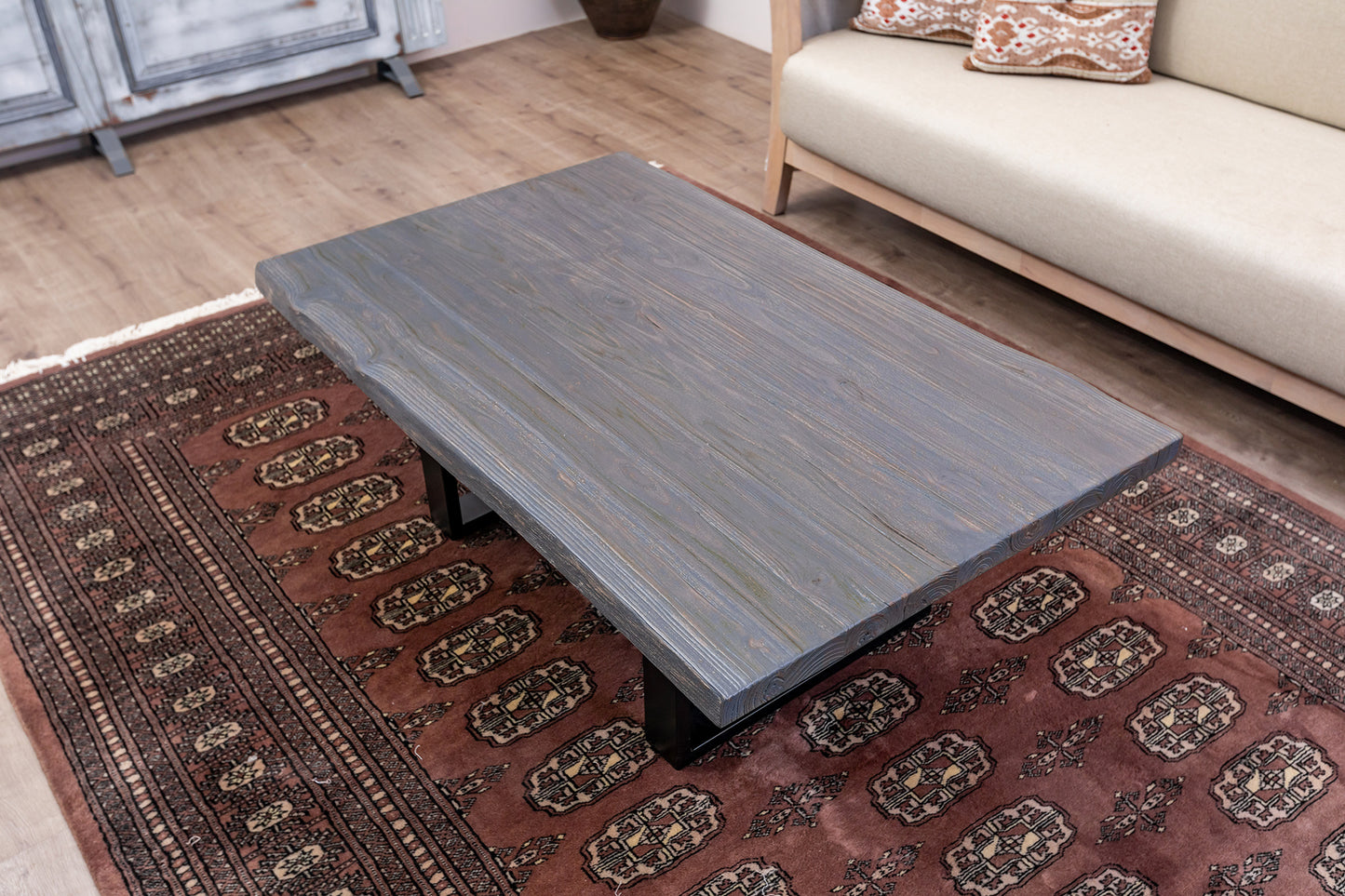 48x30" Teak Live Edge Coffee Table, Brushed-Texture Anthracite Grey Finish
