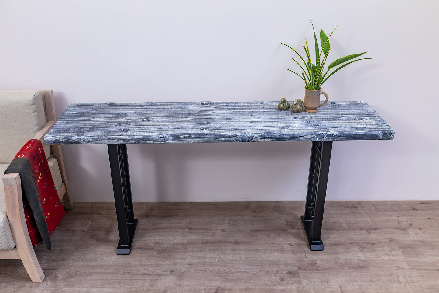 65x18" Teak Live Edge Console Table, Brushed-Texture Weathered Finish
