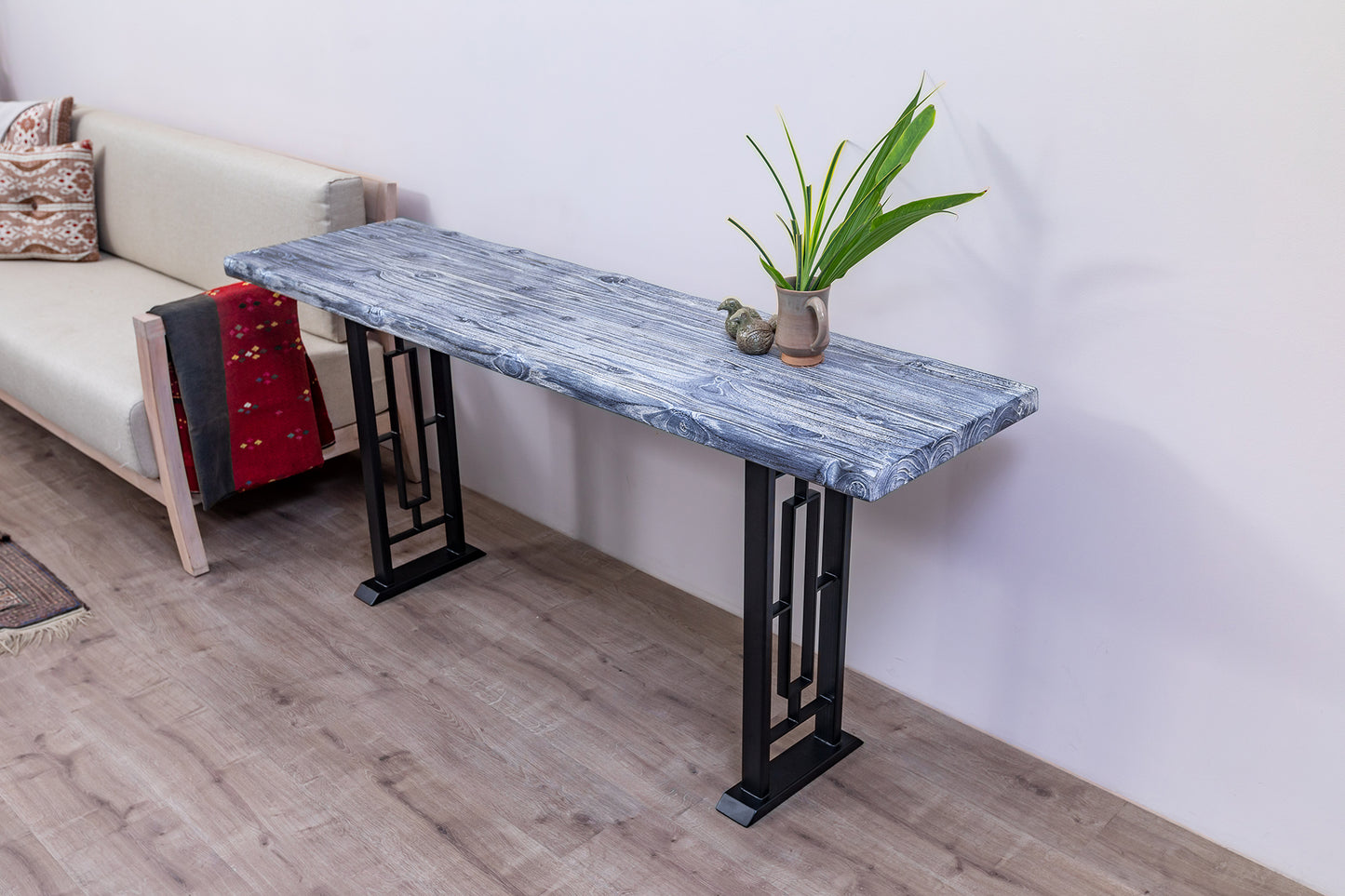 65x18" Teak Live Edge Console Table, Brushed-Texture Weathered Finish