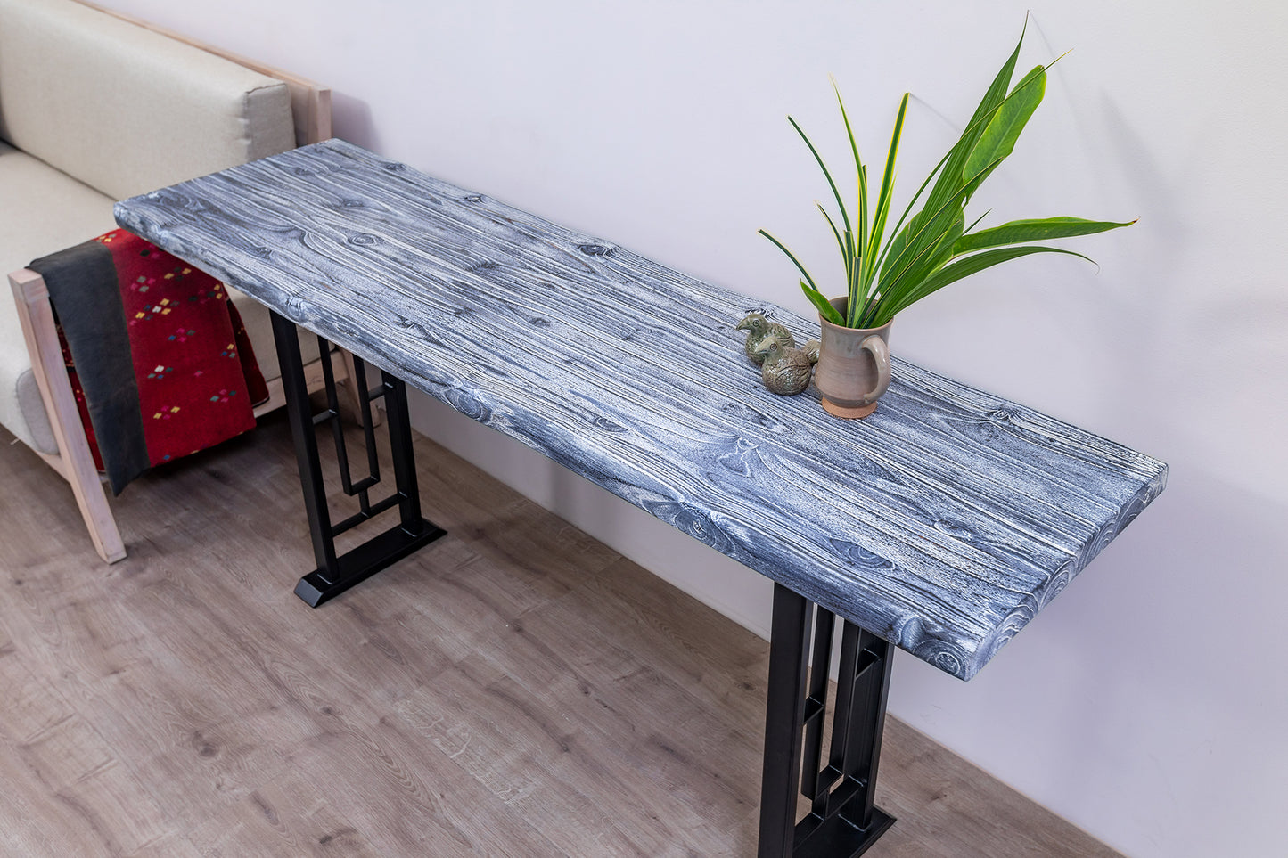 65x18" Teak Live Edge Console Table, Brushed-Texture Weathered Finish