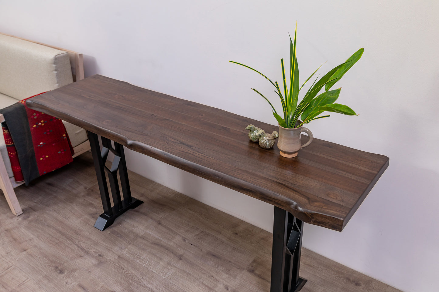 65x18" Teak Live Edge Console Table, Smooth-Texture Cocoa Finish