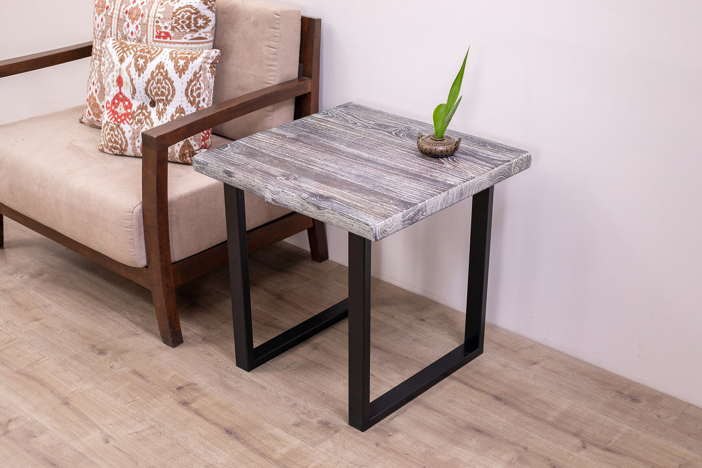 24x24" Teak Live Edge Square Leg Side Table, Brushed-Textured Weathered Finish