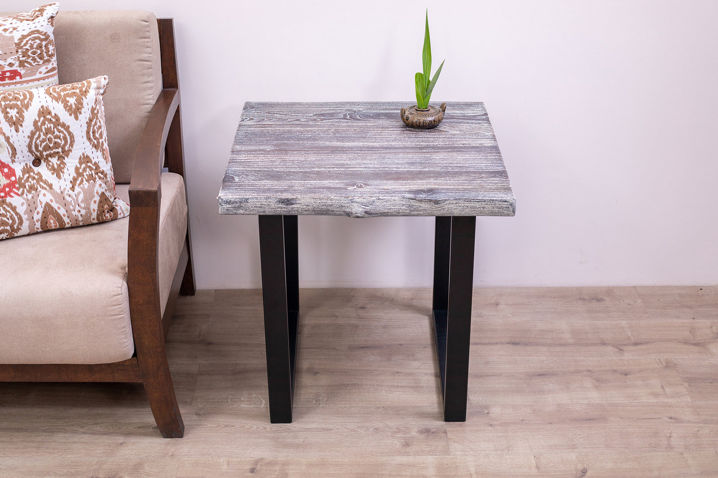 24x24" Teak Live Edge Square Leg Side Table, Brushed-Textured Weathered Finish