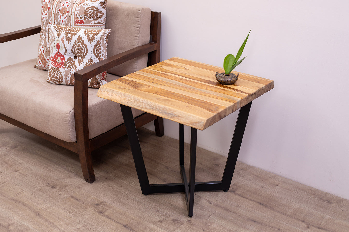24x24" Teak Live Edge Box Leg Side Table, Brushed-Texture Natural Finish