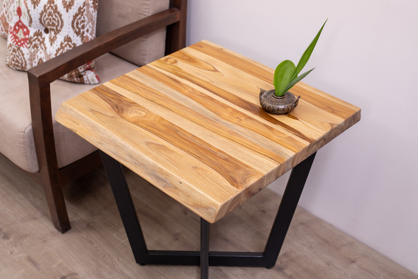 24x24" Teak Live Edge Box Leg Side Table, Brushed-Texture Natural Finish