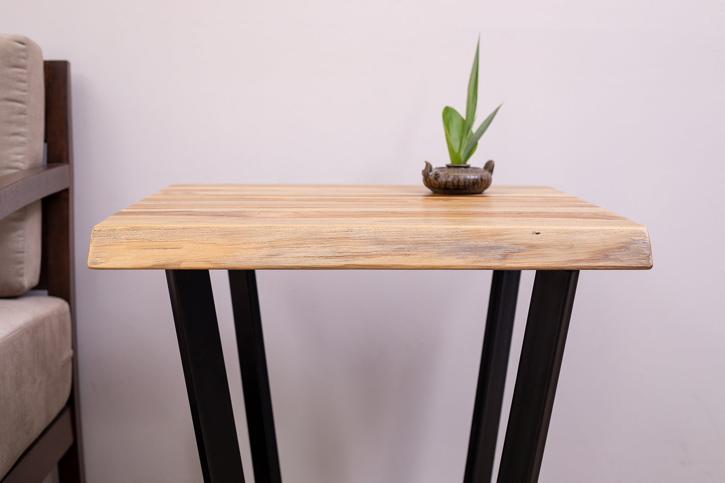 24x24" Teak Live Edge Box Leg Side Table, Brushed-Texture Natural Finish