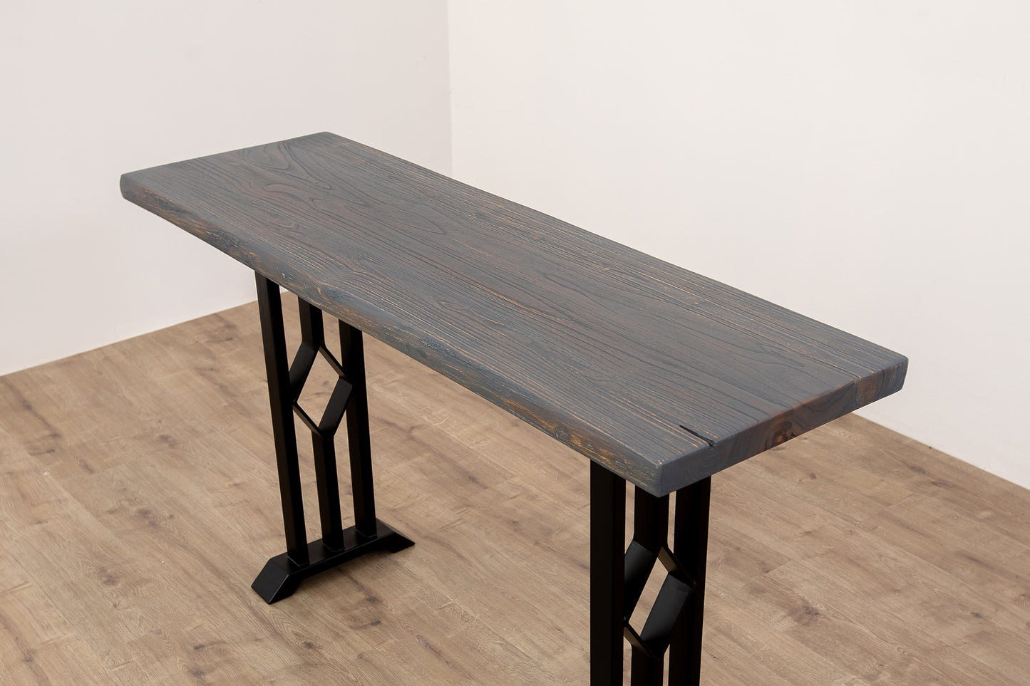 52x12" Teak Live Edge Console Table, Brushed-Texture Anthracite Grey Finish