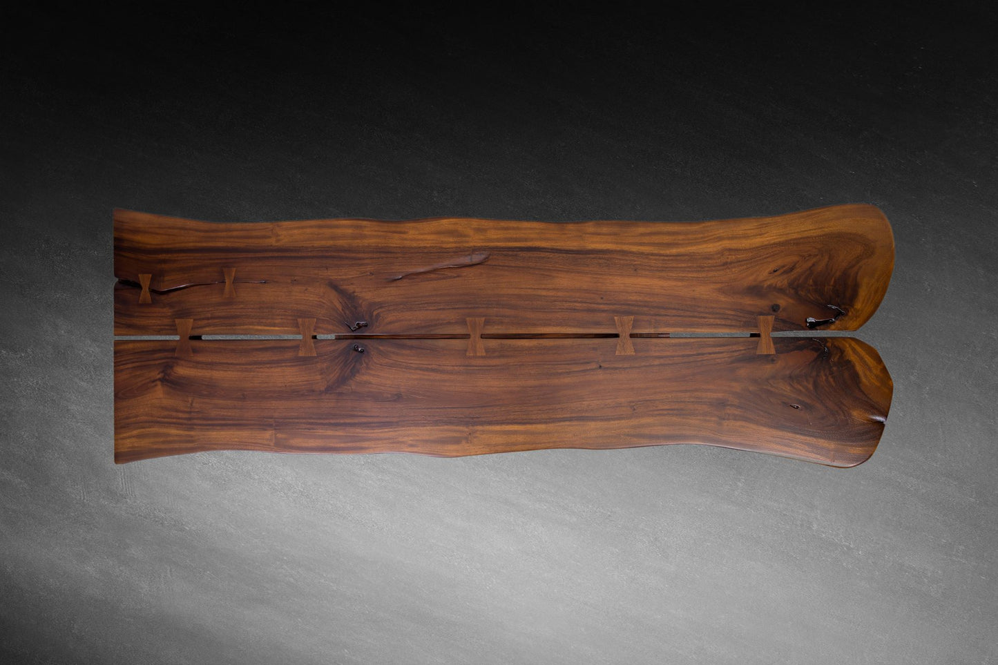 Acacia 70x25" Nakashima Inspired Live Edge Console, Smooth-Texture Milk Choc Finish
