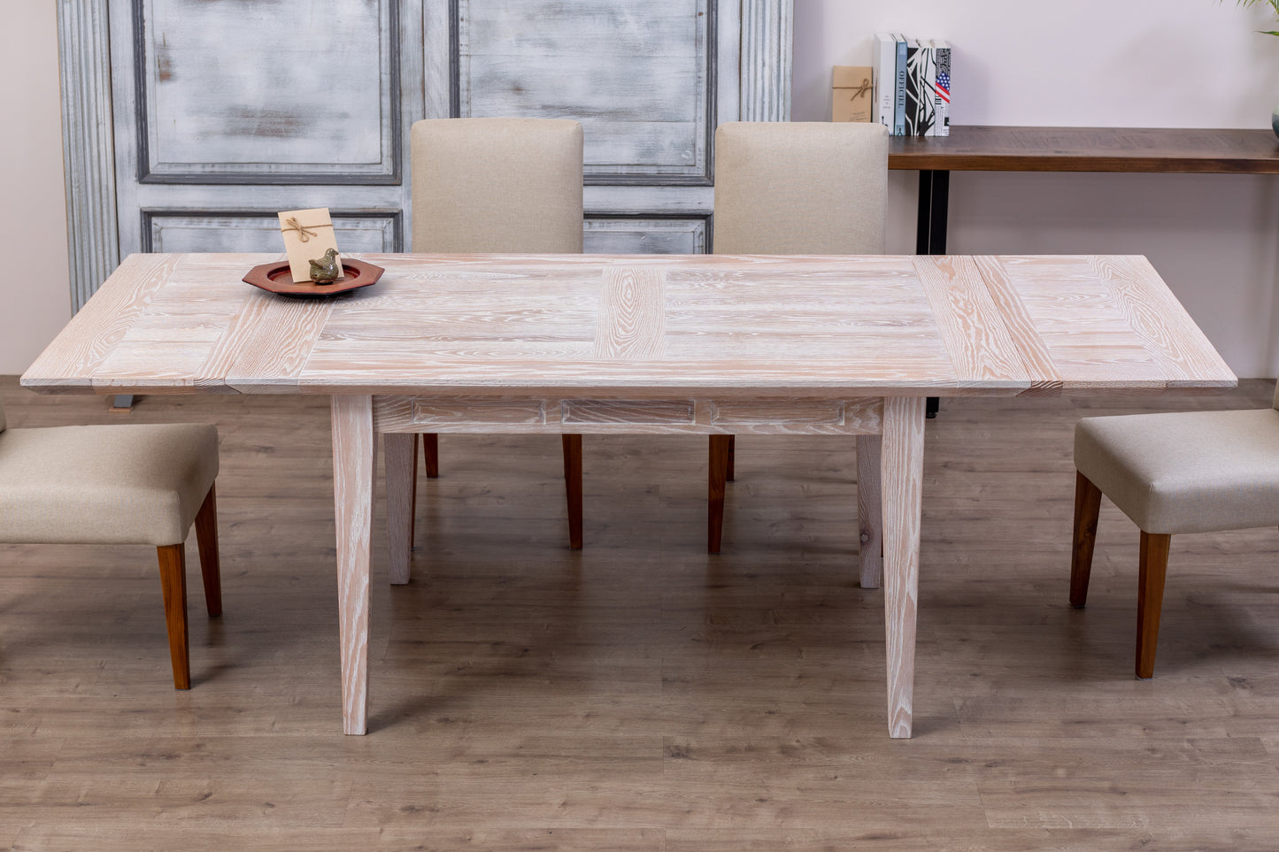 60x38"/92" Solvang Oak Extension Dining Table, Brushed-Textured Sun Bleached Finish