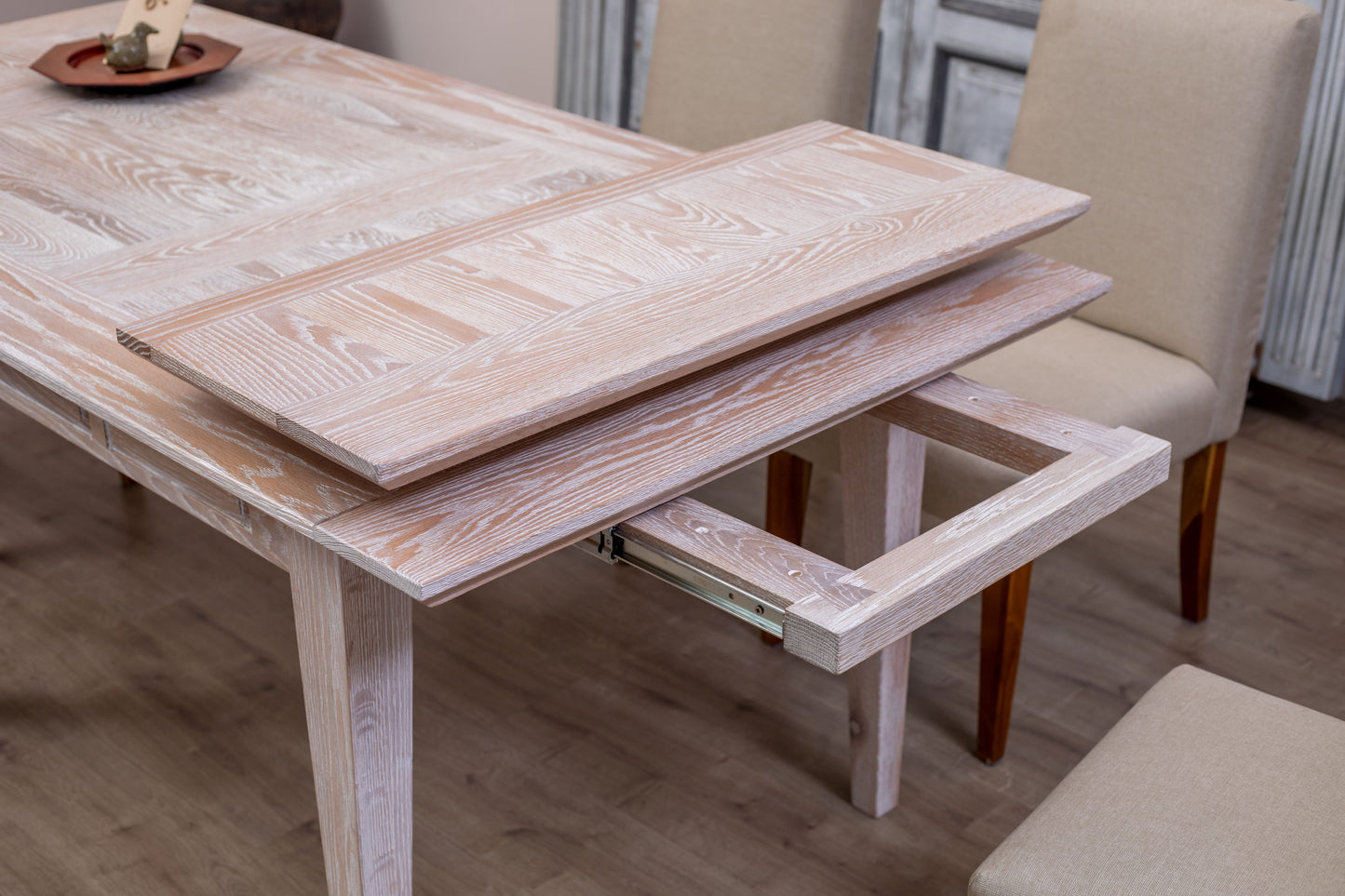 60x38"/92" Solvang Oak Extension Dining Table, Brushed-Textured Sun Bleached Finish