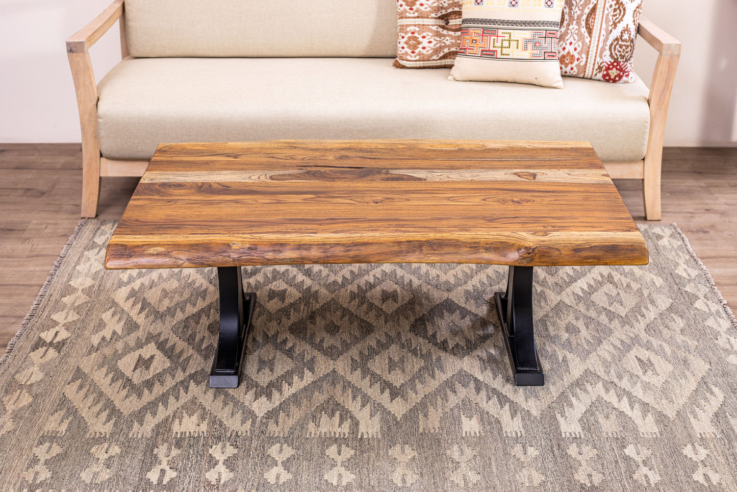 48x30" Teak Live Edge Coffee Table, Brushed-Texture Autumn Finish