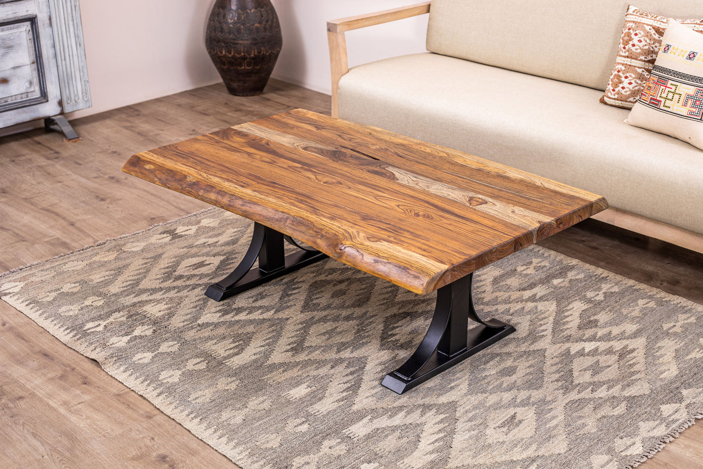48x30" Teak Live Edge Coffee Table, Brushed-Texture Autumn Finish