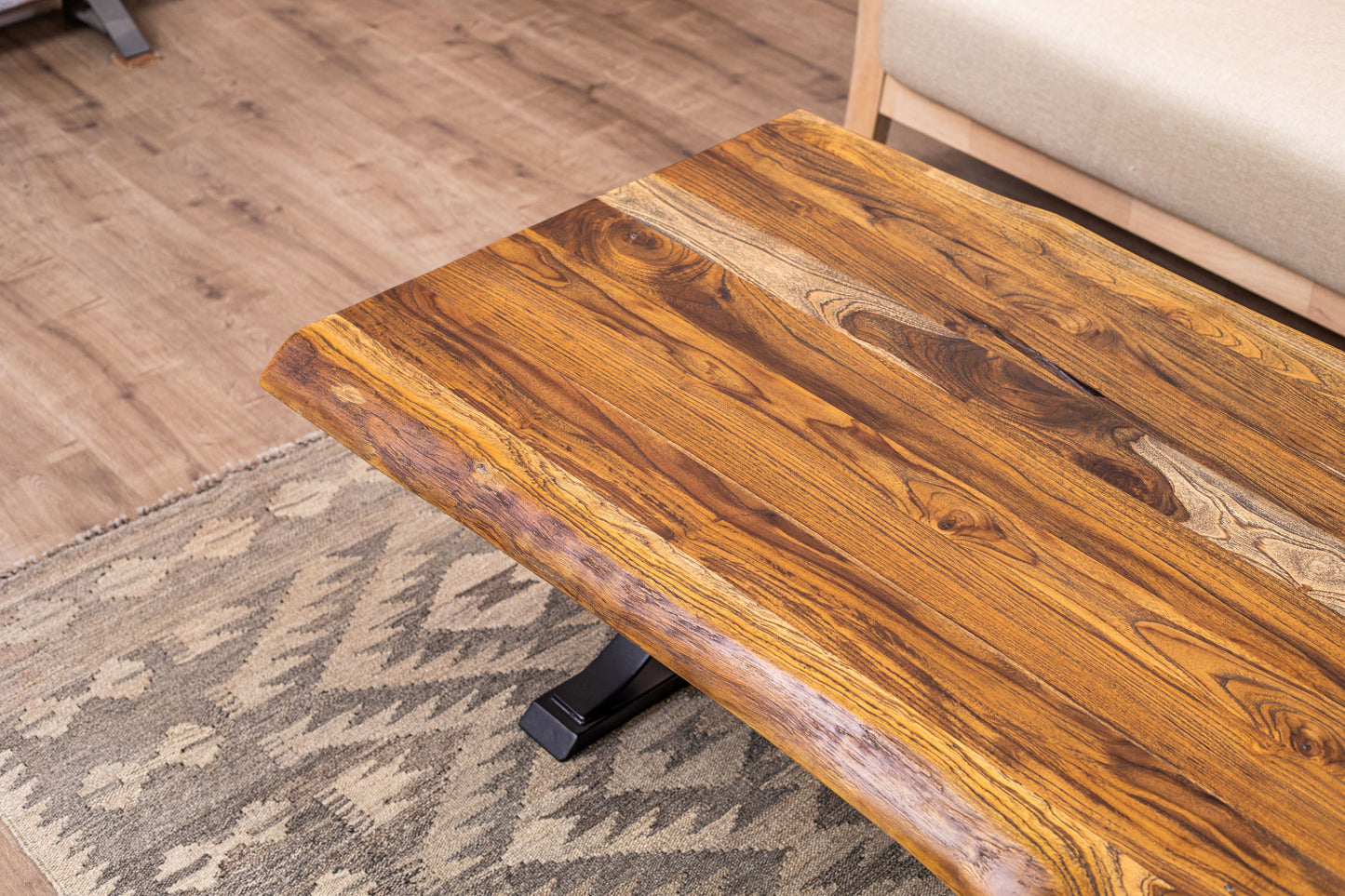 48x30" Teak Live Edge Coffee Table, Brushed-Texture Autumn Finish
