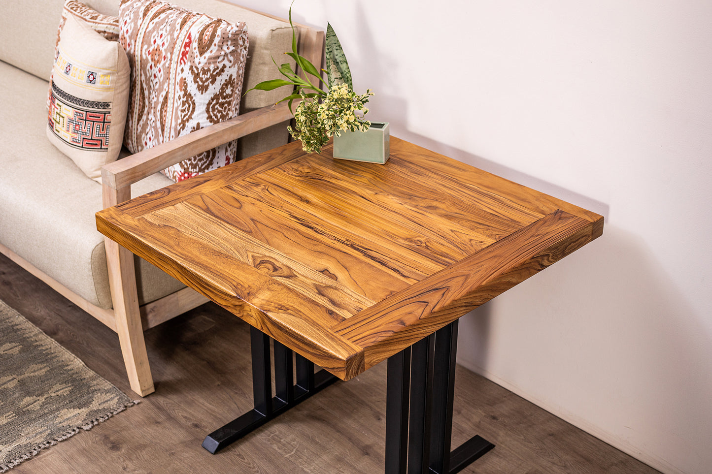 30x30" Teak Mission Edge Side Table, Brushed-Texture Natural Finish